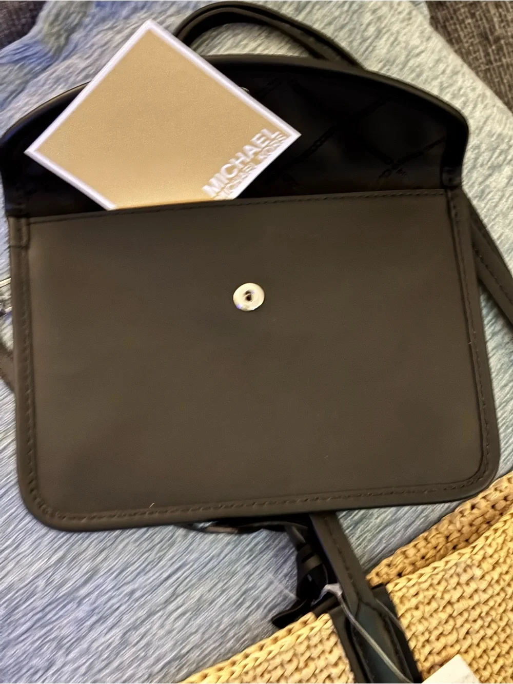 Michael Kors Eliza North/South Natural Woven Tote with Black Leather Pouch NWT